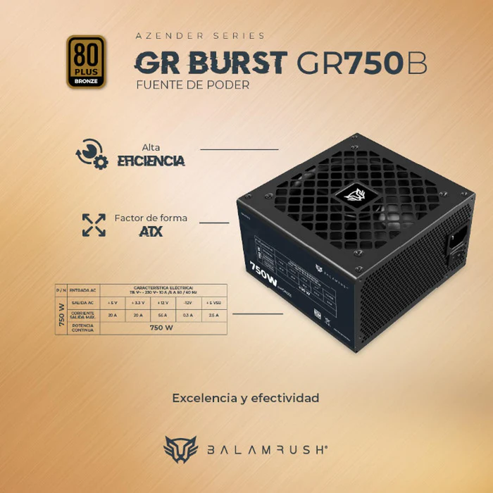 7506215937672 FUENTE DE PODER GAMER BALAM RUSH GR BURST CERTIFICADA 750W 80 PLUS BRONZE ATX NO MODULAR